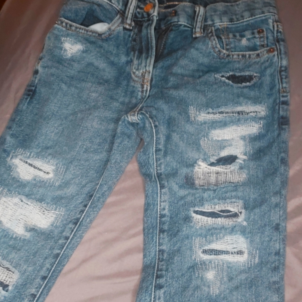 Gap blue denim size 8 straight leg distress patches